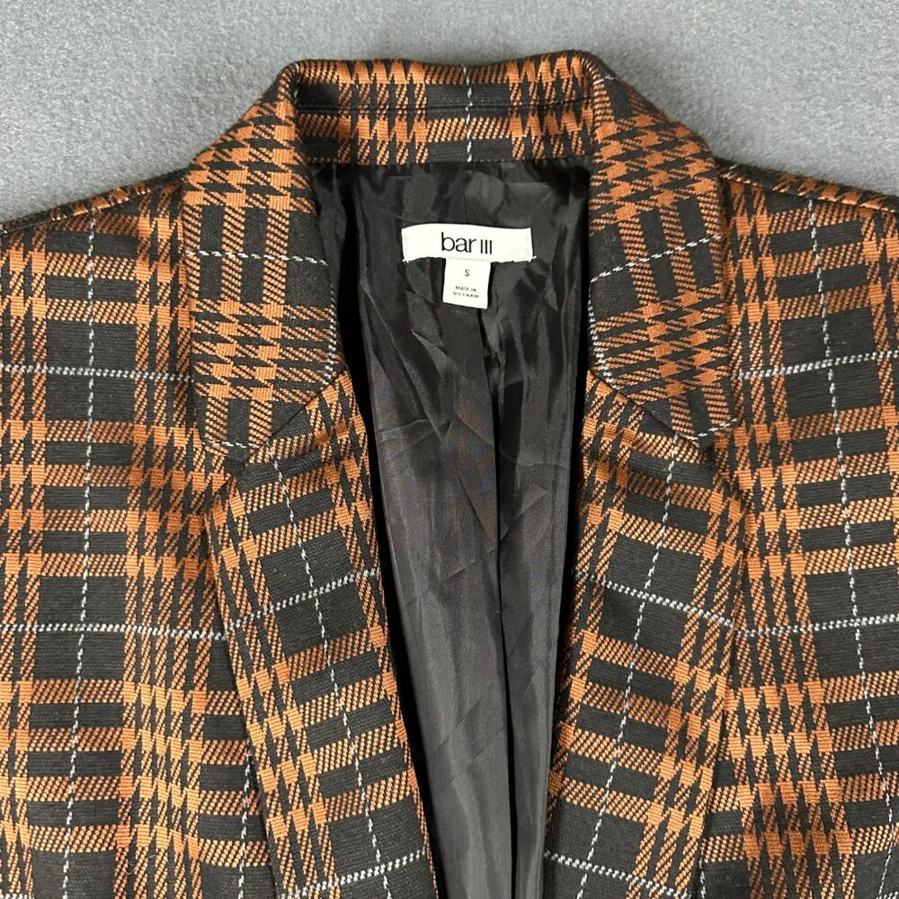 Bar III Womens Small Brown Plaid Notch-Collar Blazer Jacket V-Neck One Button LS - Picture 4 of 12
